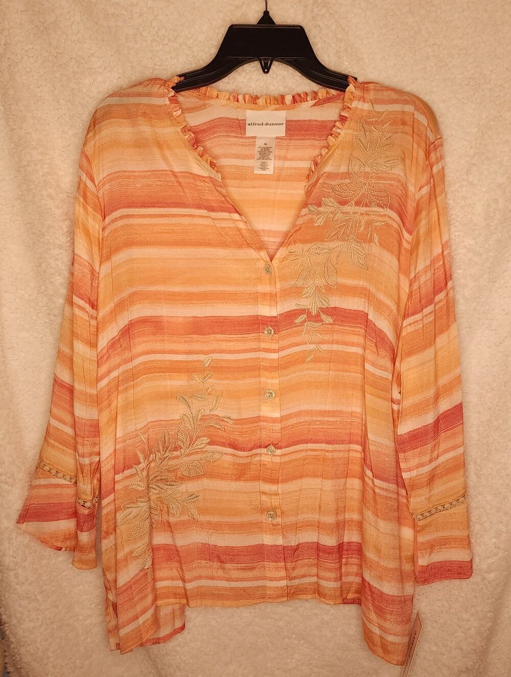 NWT Alfred Dunner Apricot Striped Embroidered Blouse XL Coastal Resort